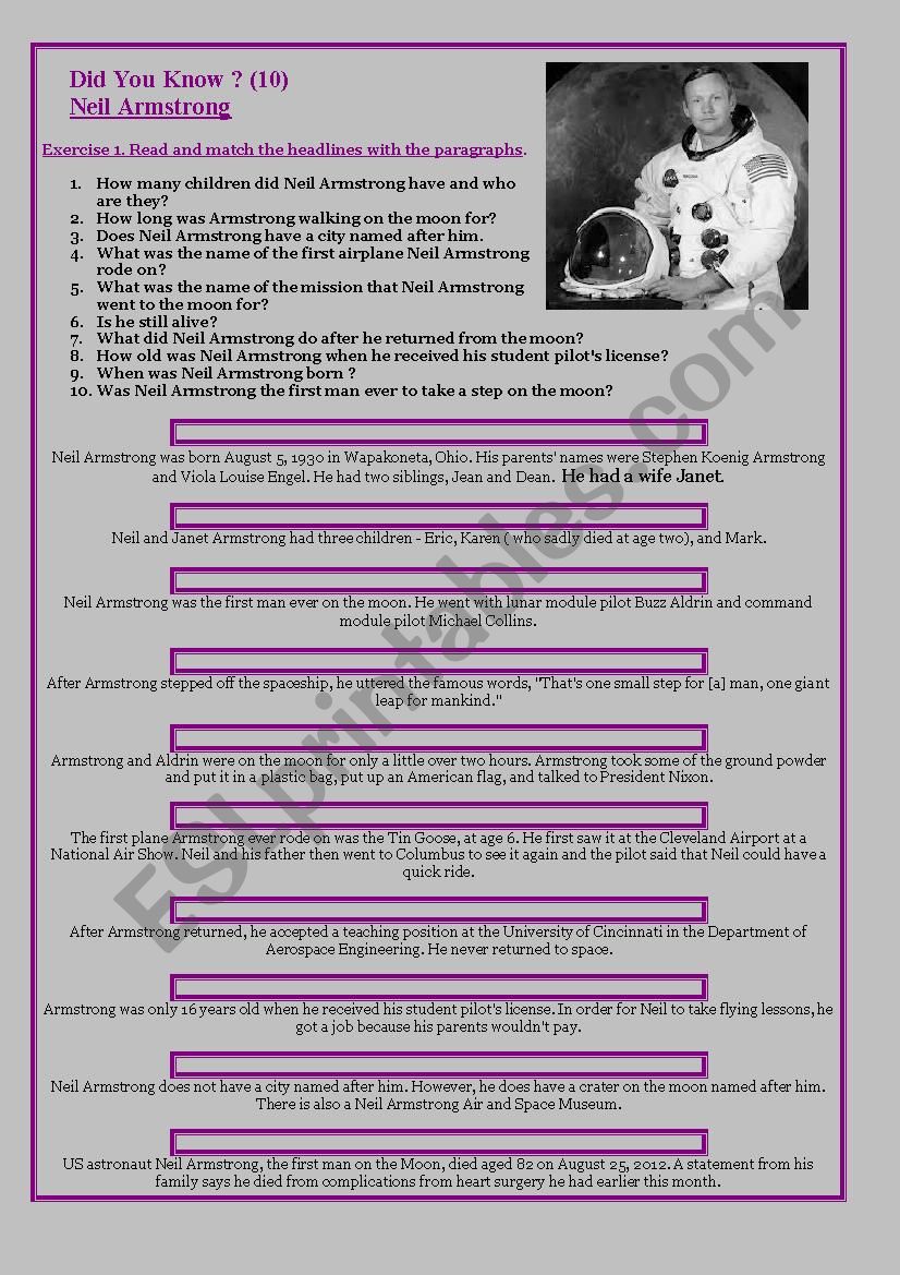 Reading worksheet - Did you know ? (10) - NEIL ARMSTRONG