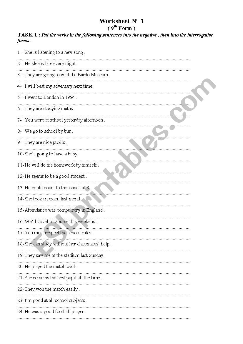 9th Form Worksheet 1 worksheet