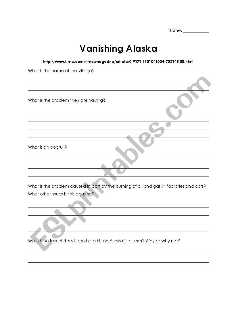 Vanishing Alaska worksheet