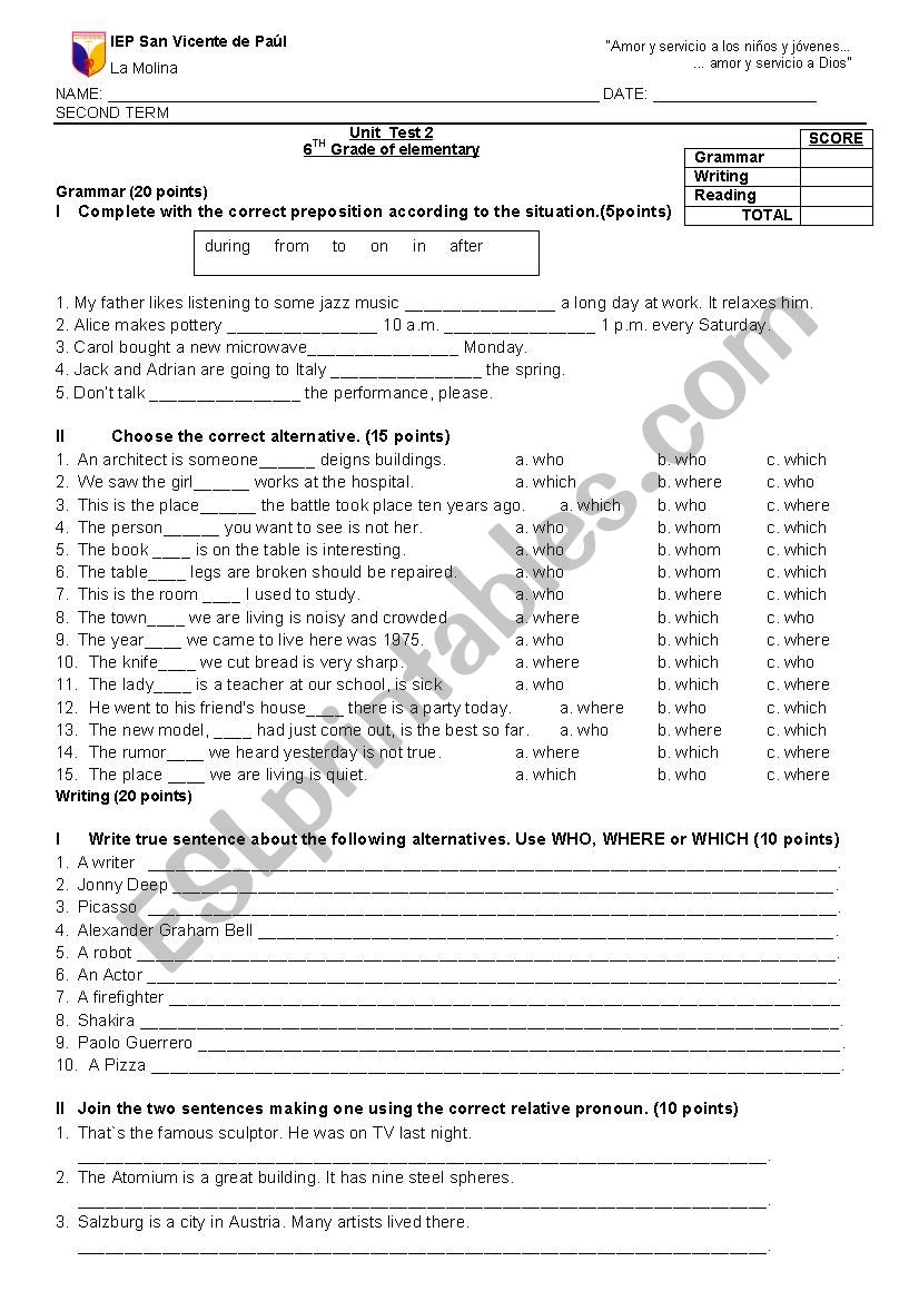 UNIT TEST  worksheet