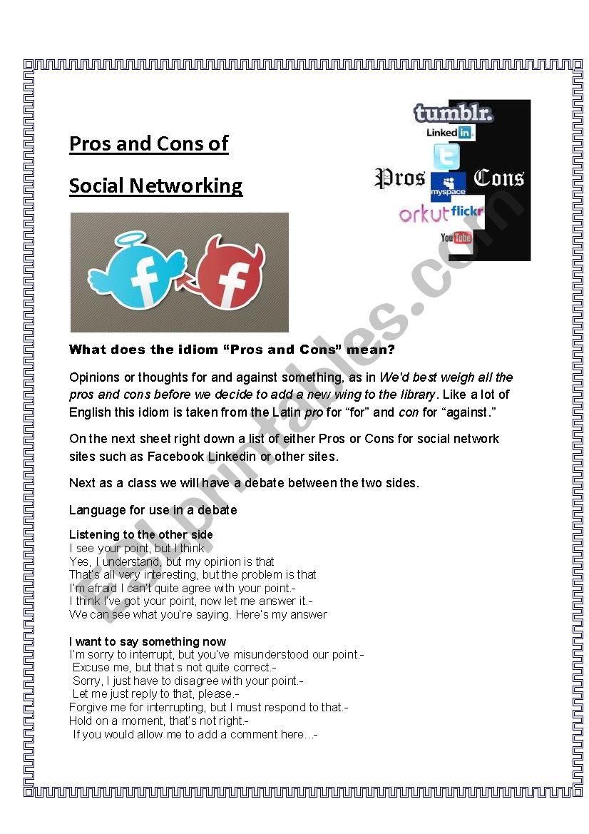 The Pros and Cons of Facebook worksheet