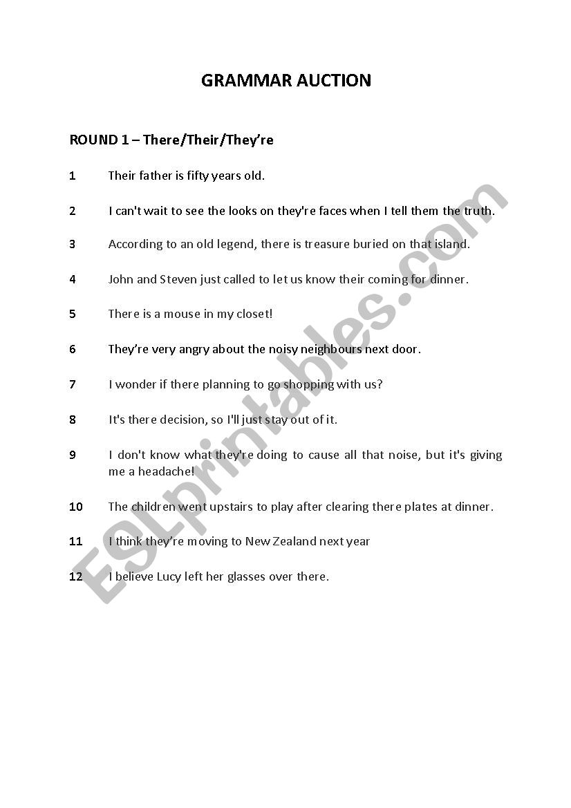 Simple Grammar Auction worksheet