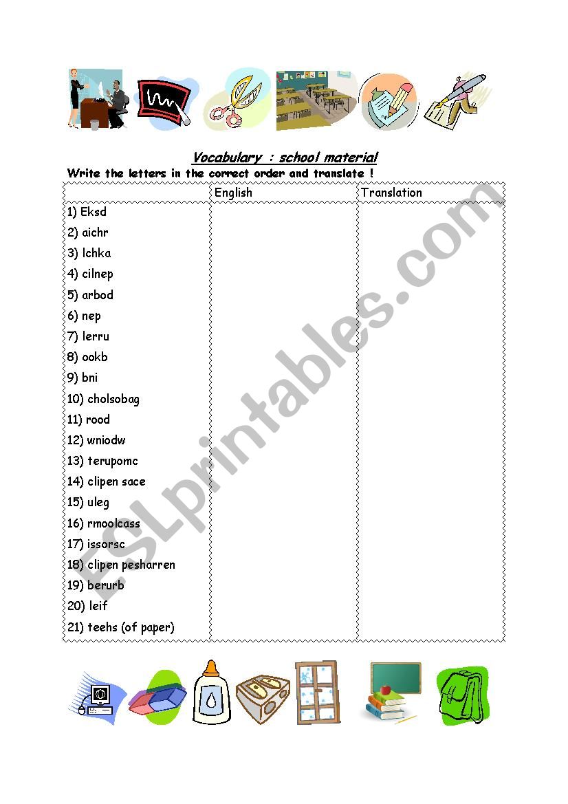 vocabulary: school material worksheet