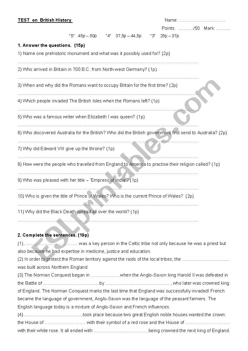 Test on history of Britain worksheet