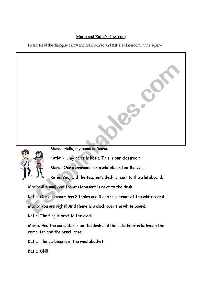 Read and Draw (Prepositions of Place with Classroom Objects) 
