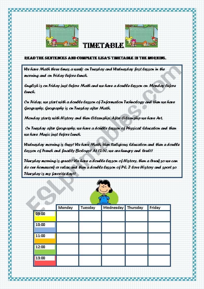 timetable worksheet