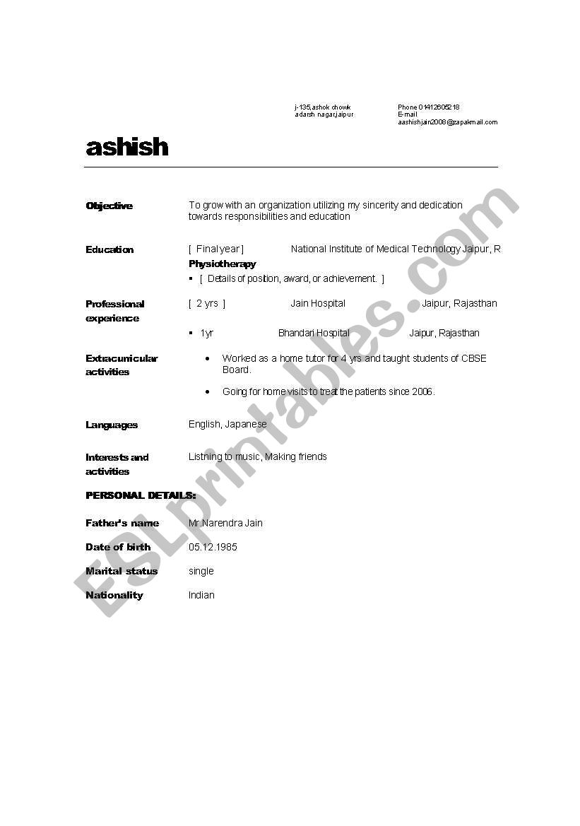 resume writing worksheet