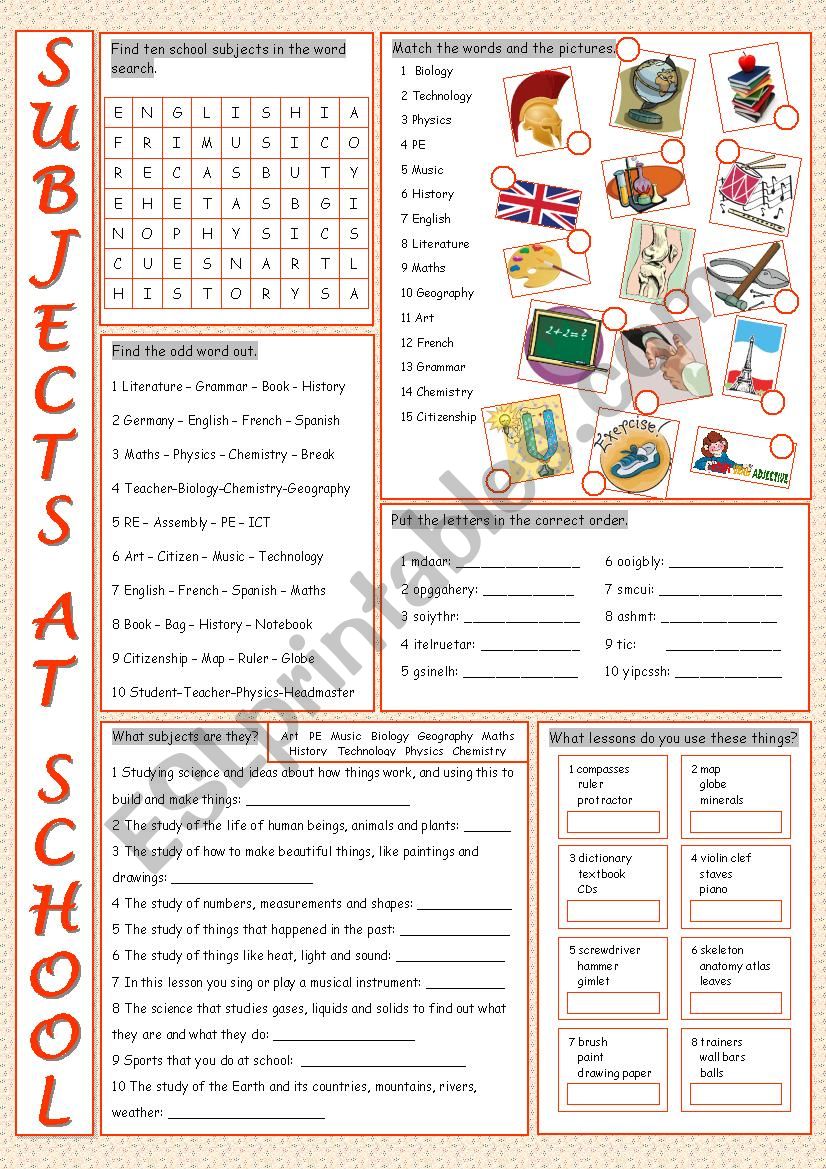 School Subjects Vocabulary Exercises