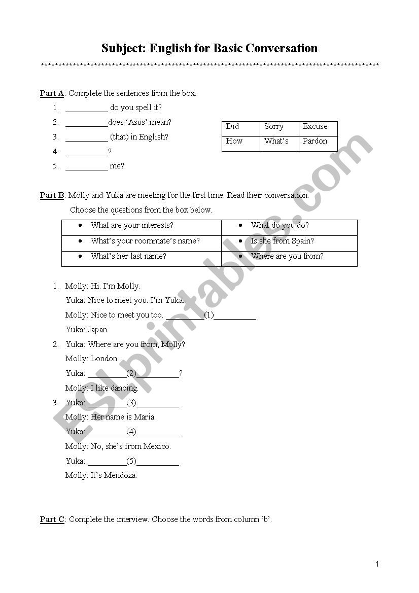 Basic English Conversation worksheet