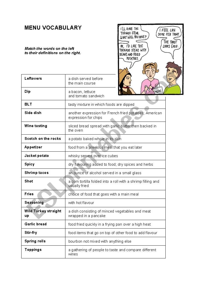 MENU VOCABULARY worksheet