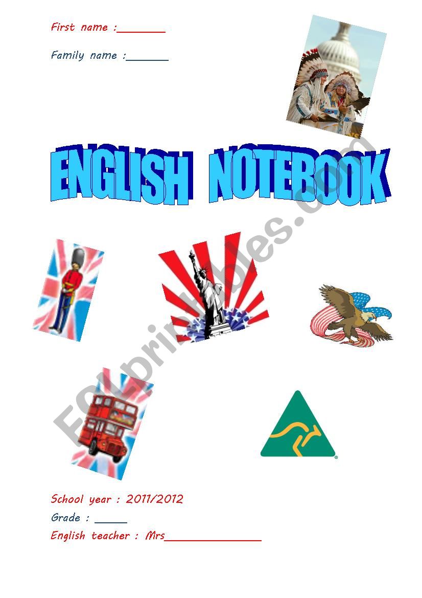English notebook: a cover worksheet