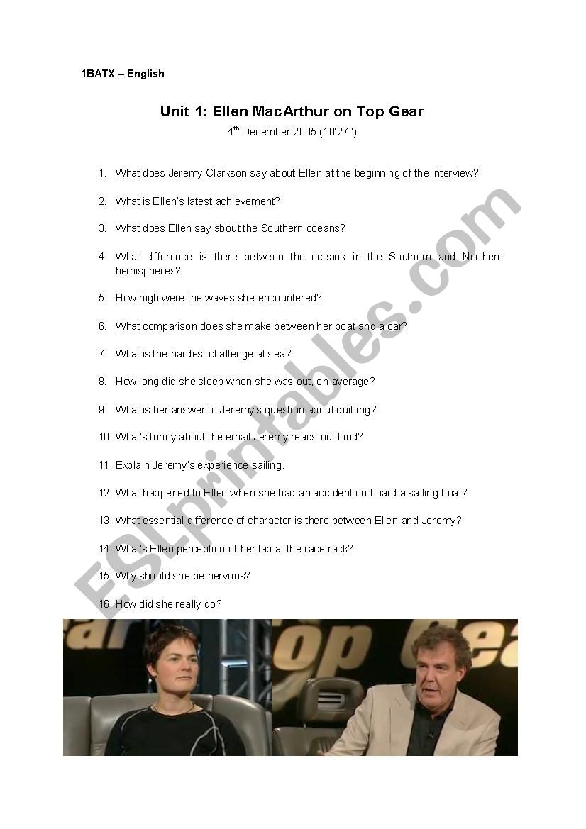 Ellen MacArthur on Top Gear - Questions + KEY!