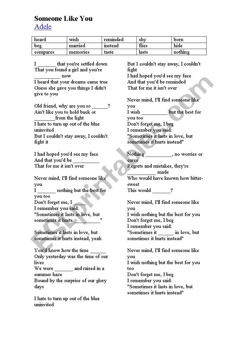 Someone Like you worksheet