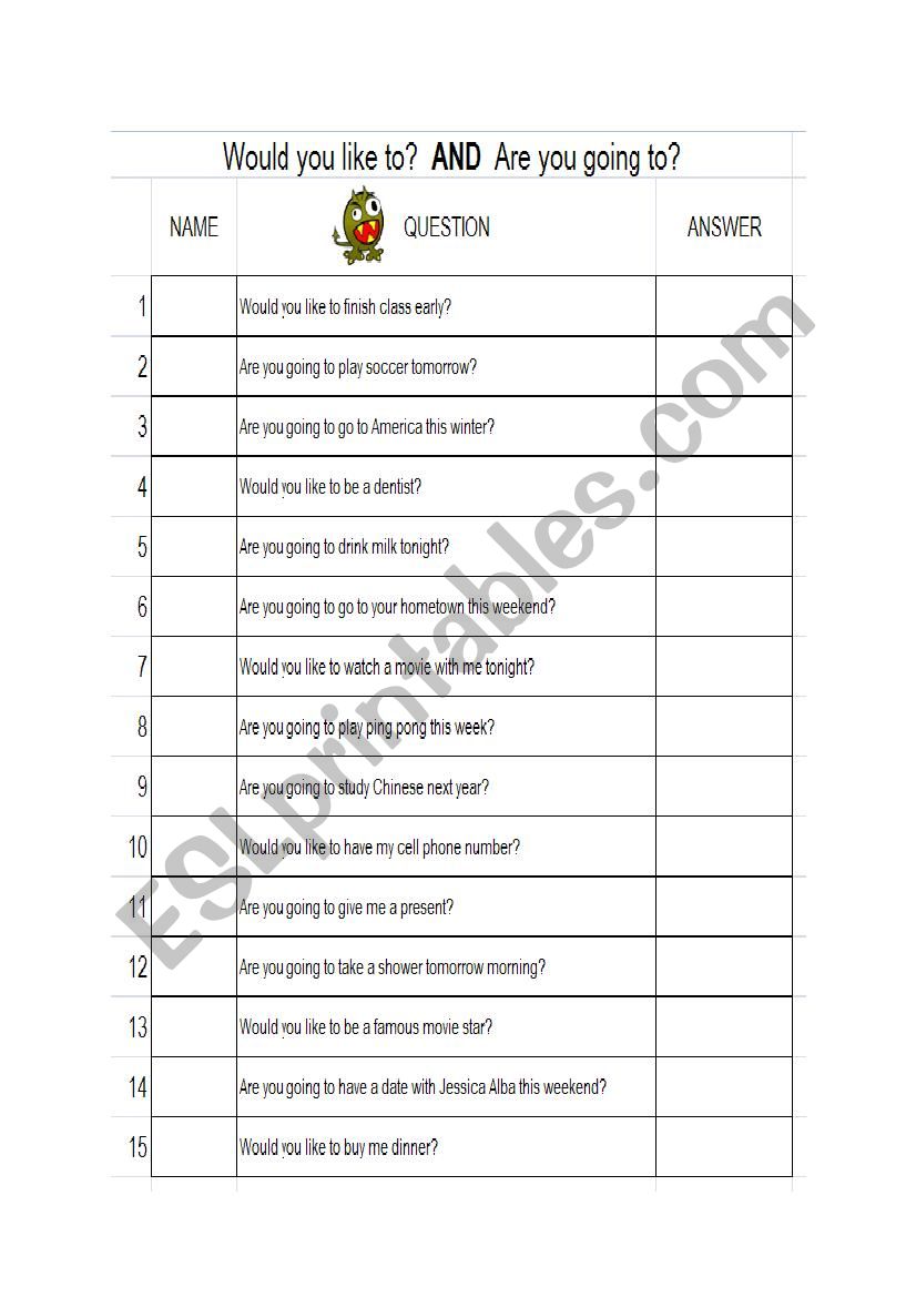 Would you like to? worksheet