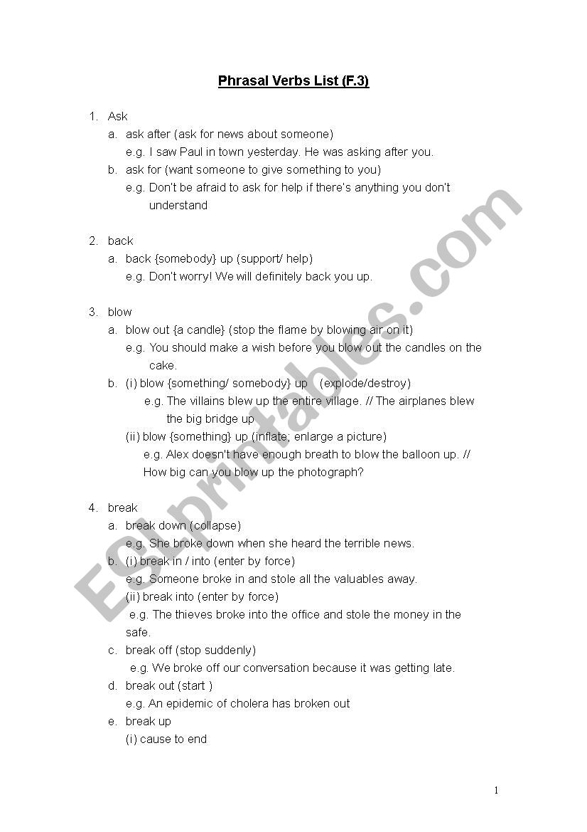 Phrasal verbs list worksheet