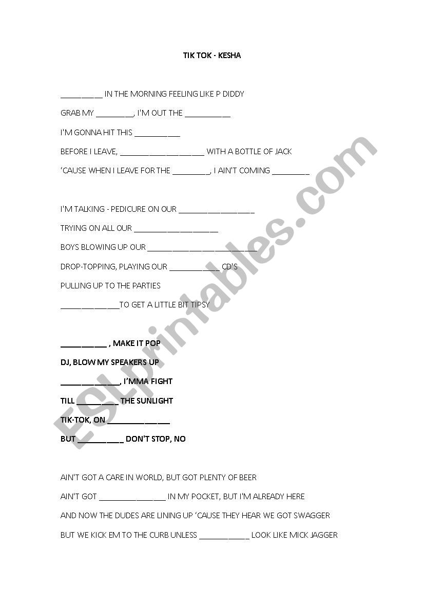 KESHA TIK TOK EXERCISES worksheet