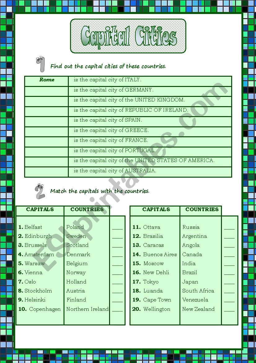 Capital Cities - ESL worksheet by barbcel Regarding States And Capitals Matching Worksheet