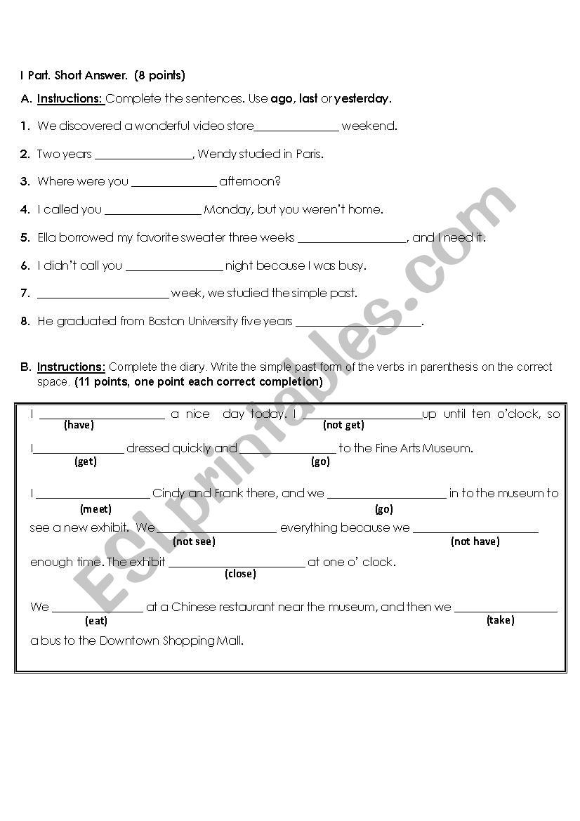 exam about imperative, can could, and simple past tense