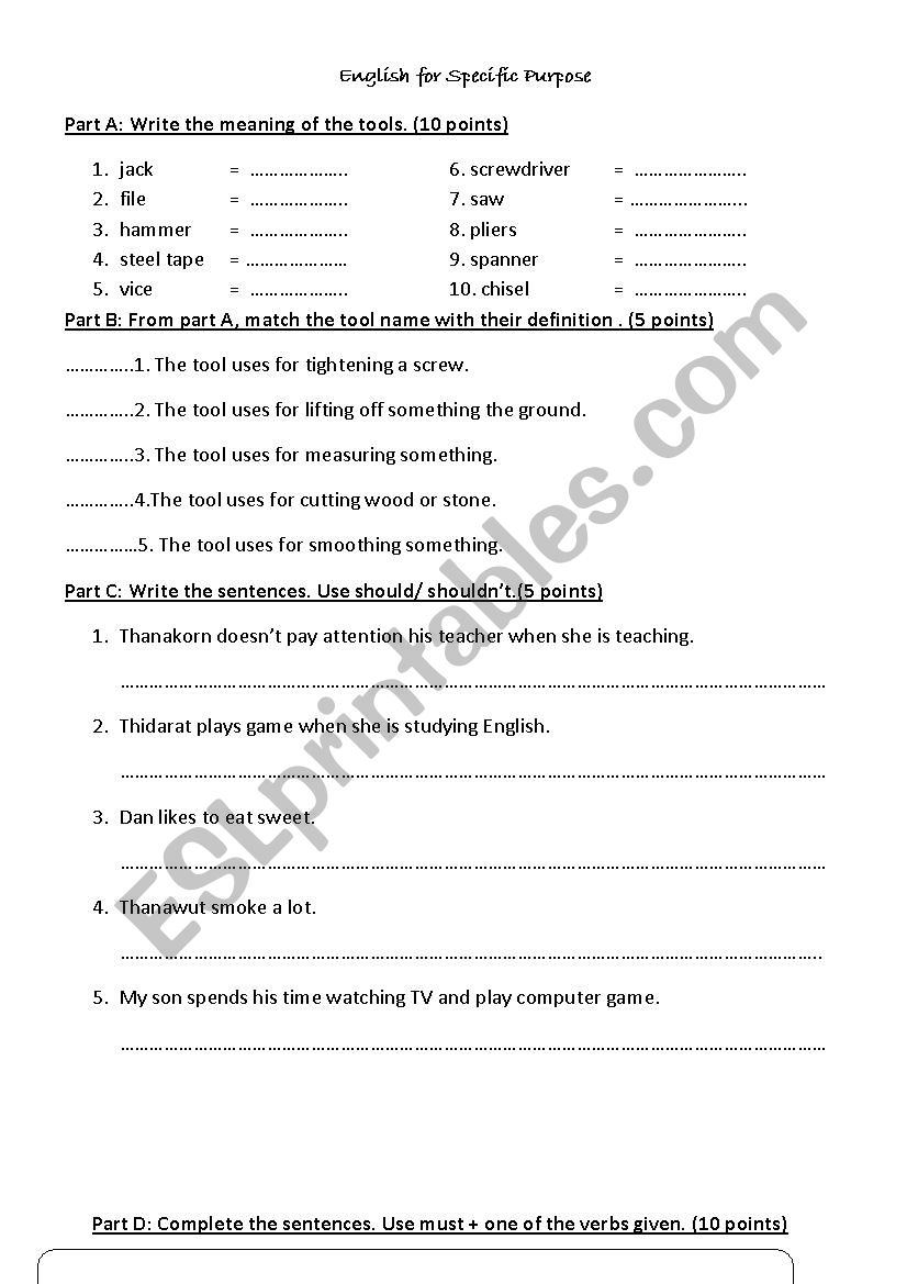 English for Specific Purpose worksheet