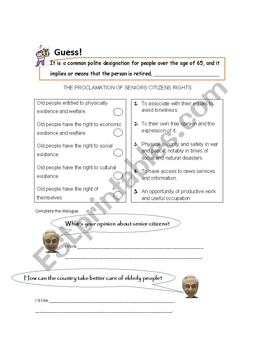 Senior citizens rights worksheet