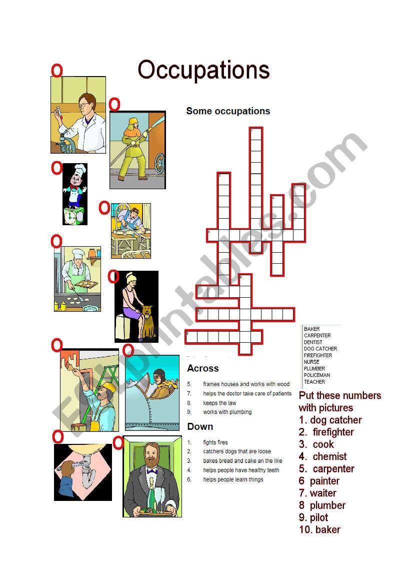 Occupations crossword and matching key for crossword