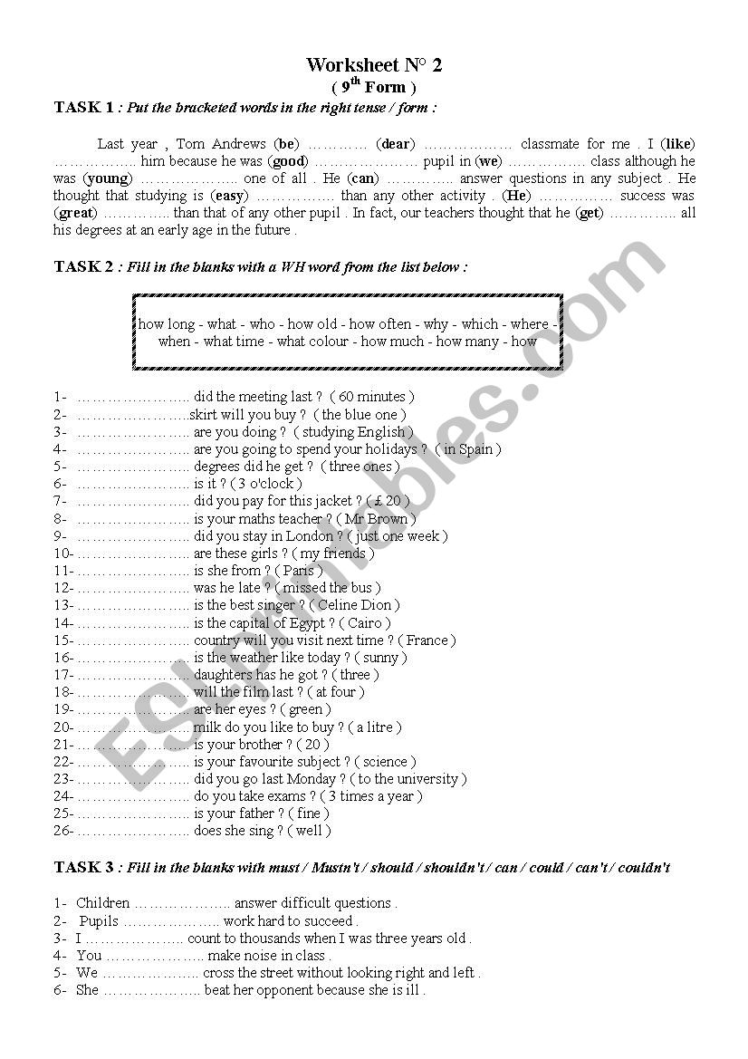 9th Form Worksheet 2 worksheet