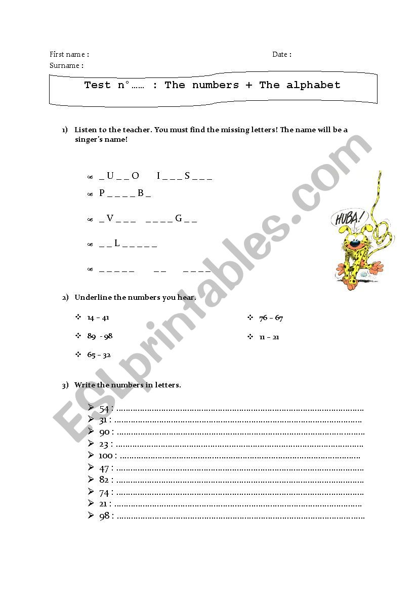 Test about the alphabet and the numbers