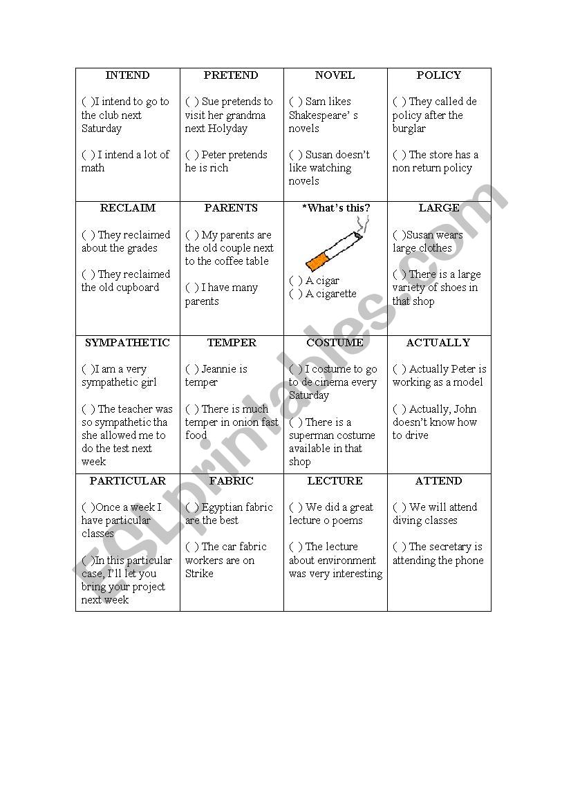 False Friends Game worksheet