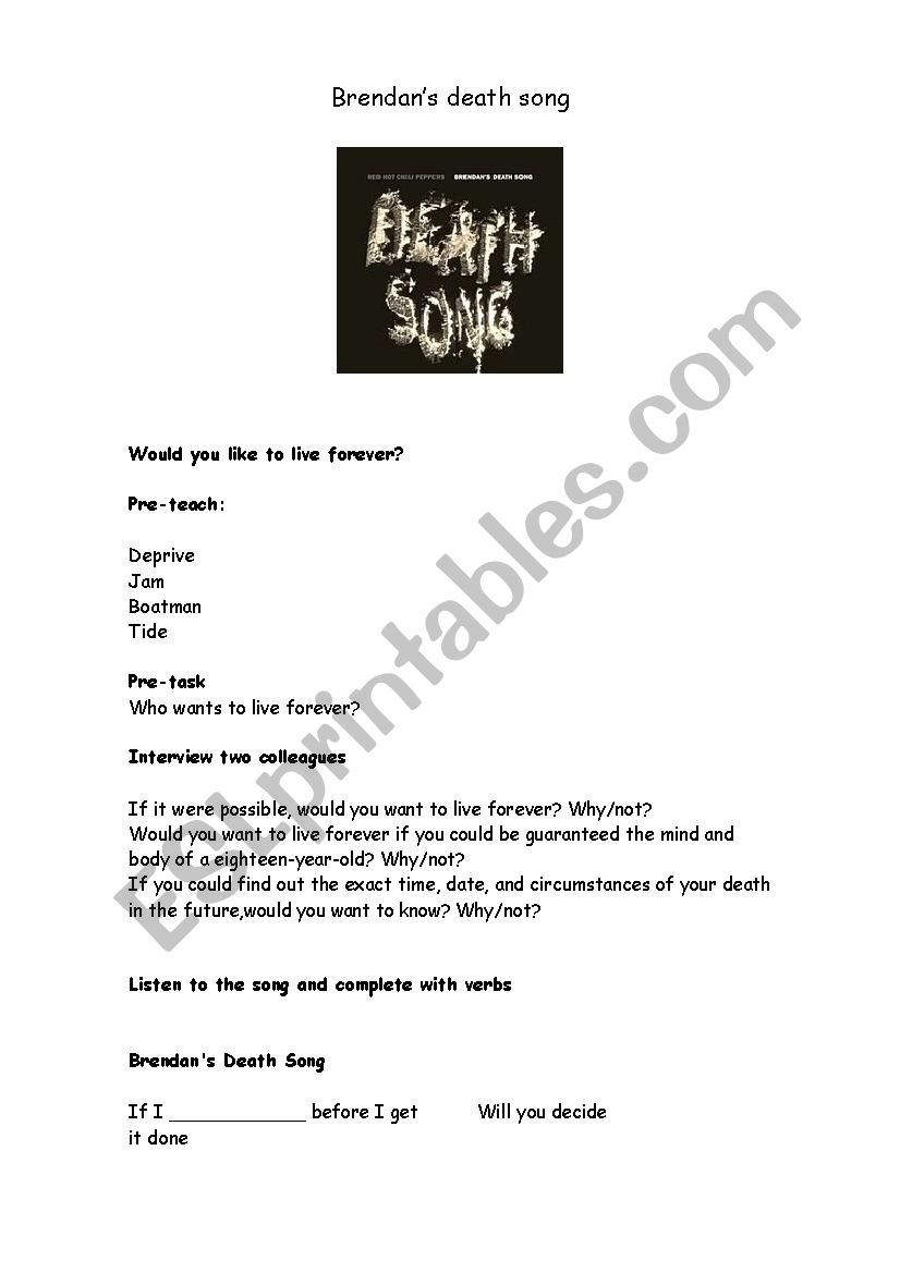 Brendans death song worksheet