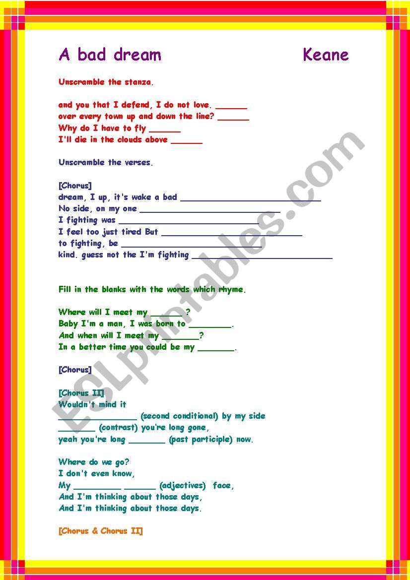 Having fun with listening comprehension - Song : A bad dream (Keane) - with B&W copy and original lyrics