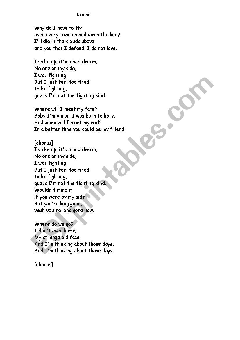 Having Fun With Listening Comprehension Song A Bad Dream Keane With B W Copy And Original Lyrics Esl Worksheet By Anna Bitt K2 k3 k4 k5 k6. having fun with listening comprehension