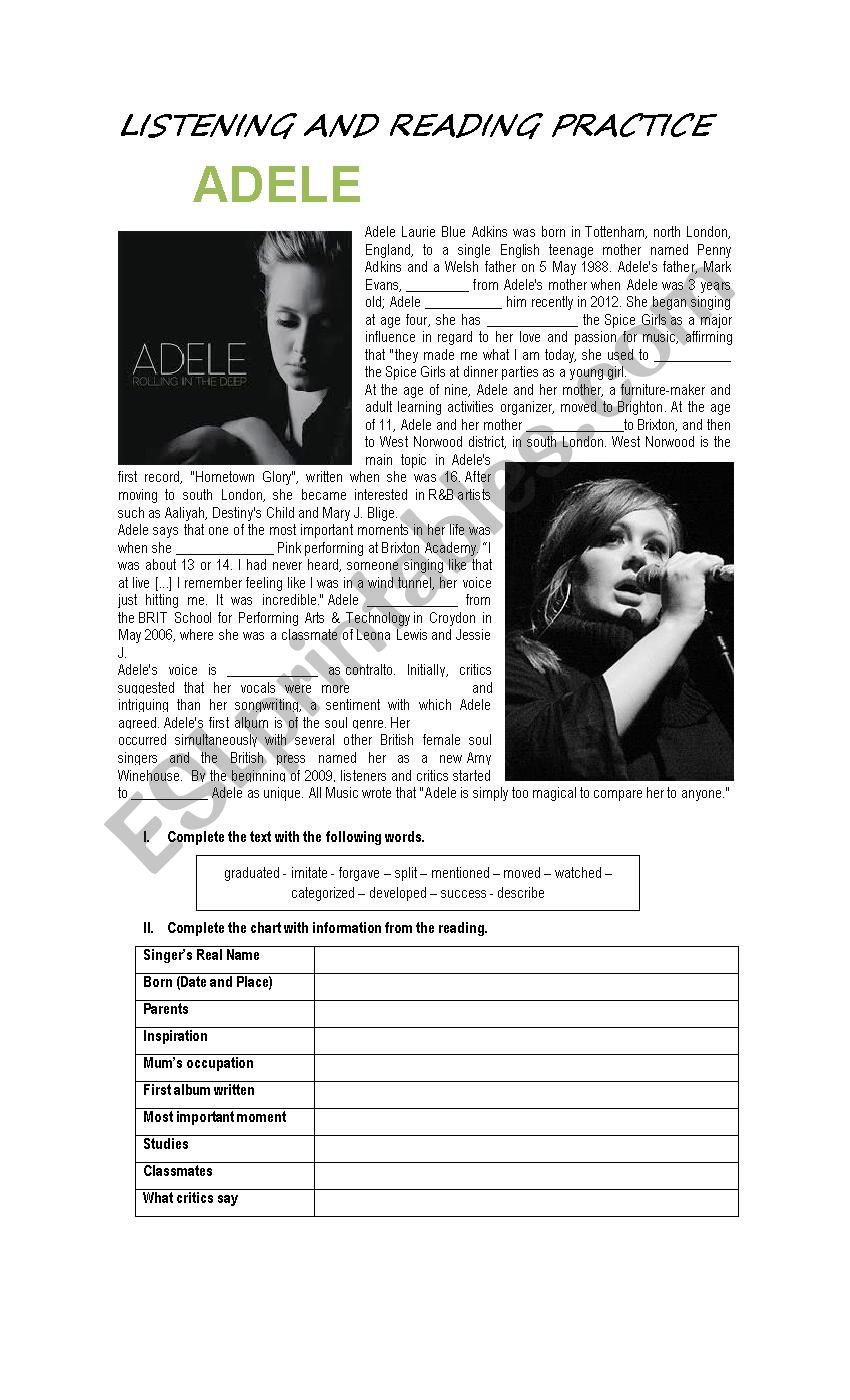 Reading Listening ADELE worksheet