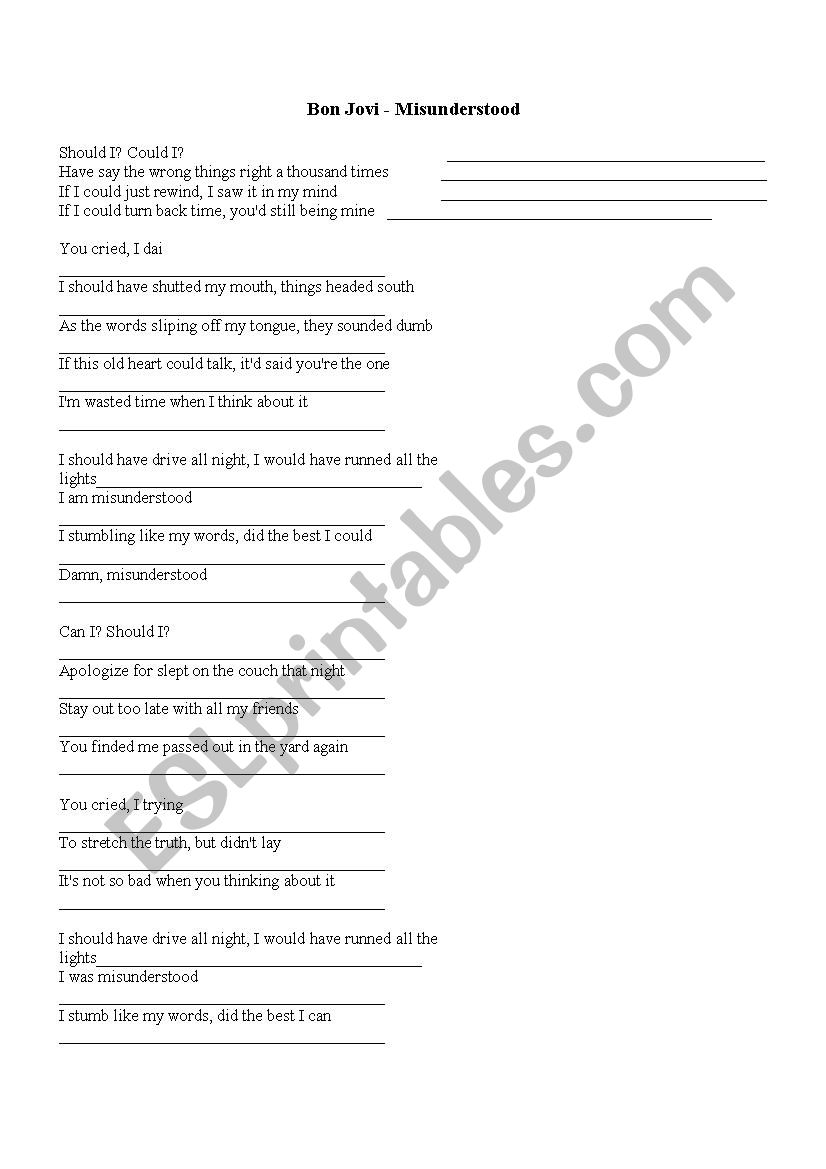 Misunderstood - Bon Jove worksheet