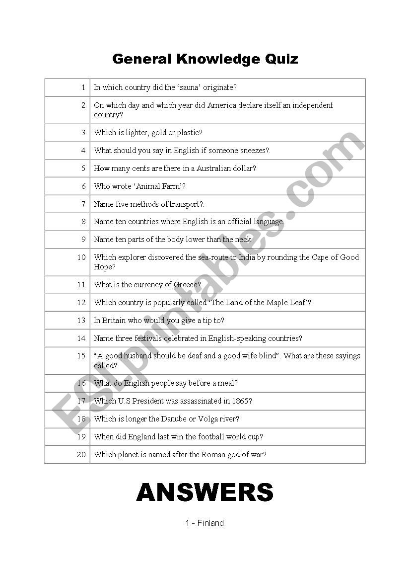 general knowledge quiz worksheet