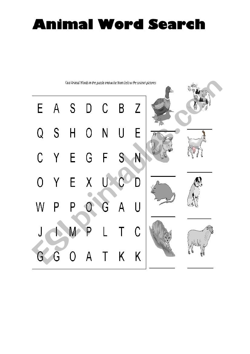 animal word search worksheet