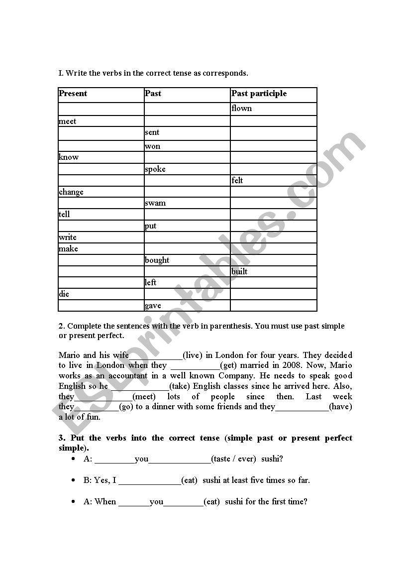 Present perfect v/s past simple handout