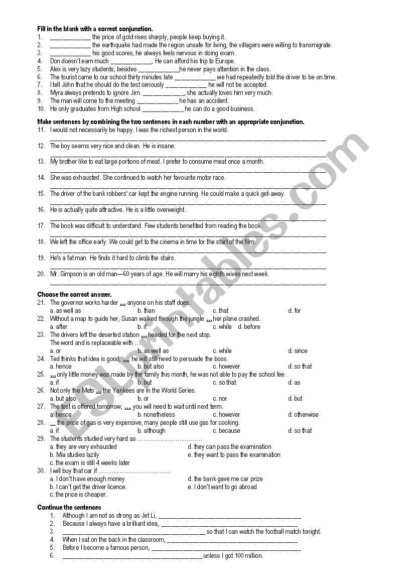 conjunction worksheet