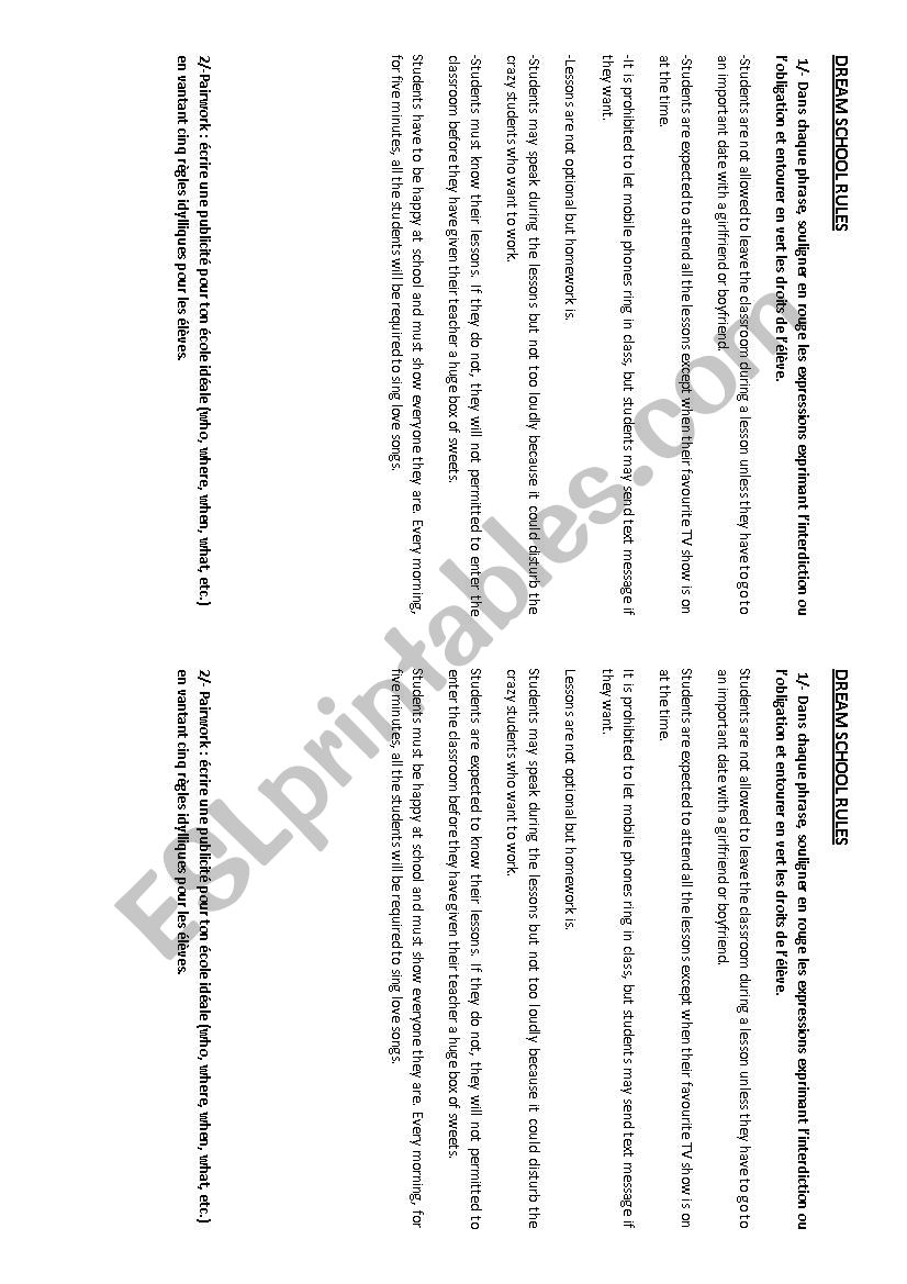 dream school rules worksheet