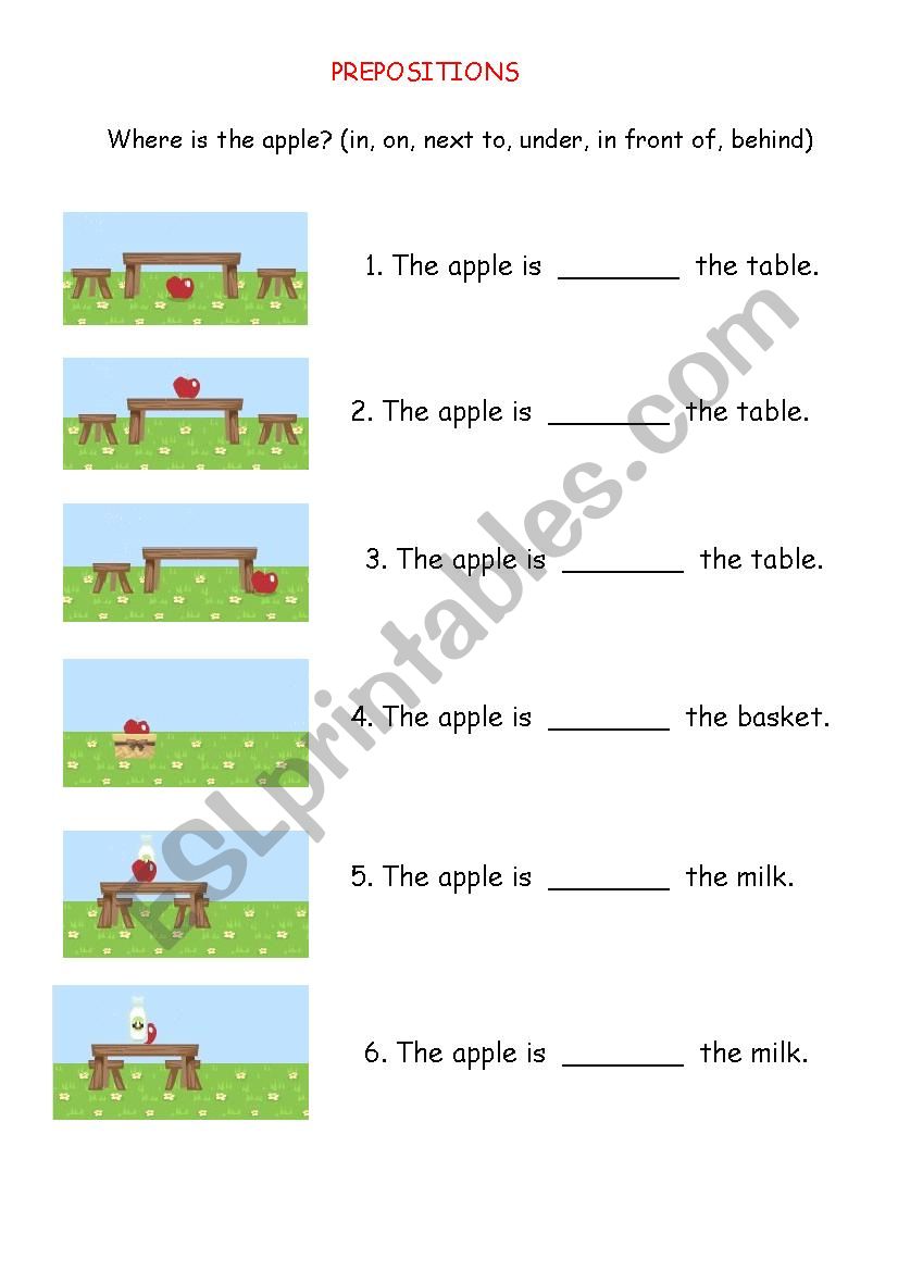 Prepositions - Apple & Dog worksheet