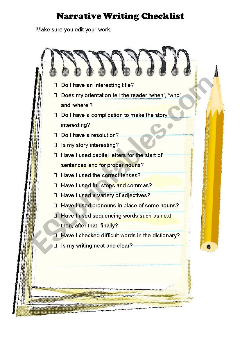 Narrative writing checklist worksheet