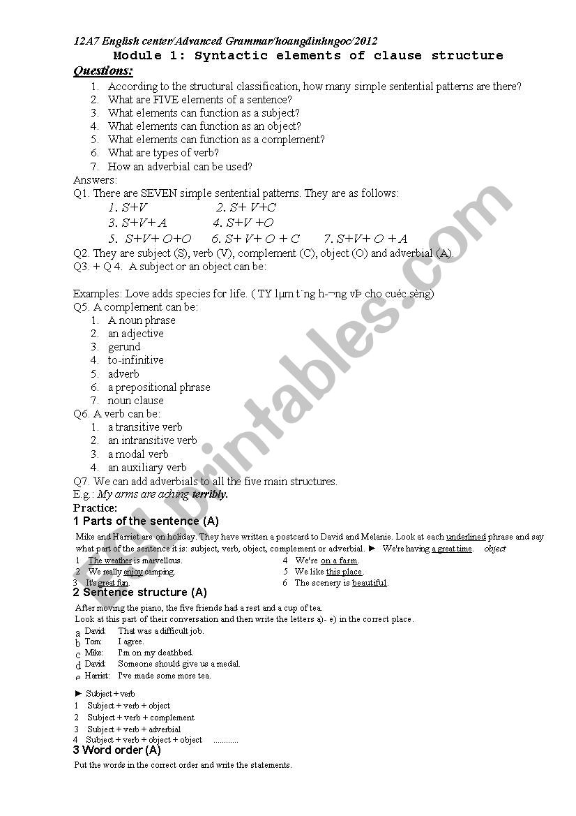 Parts of speech worksheet