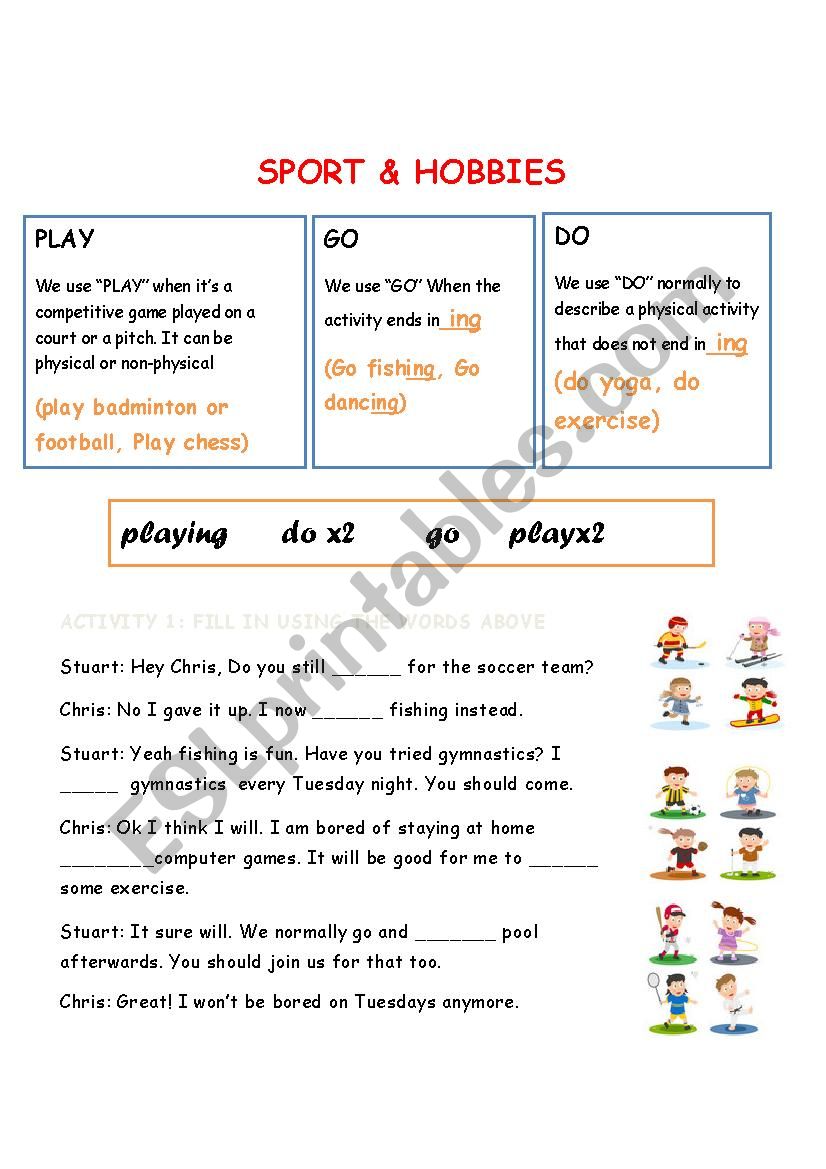 sport & hobbies play go or do worksheet