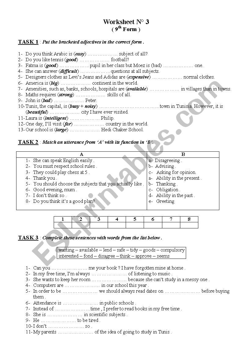 9th Form worksheet 3 worksheet