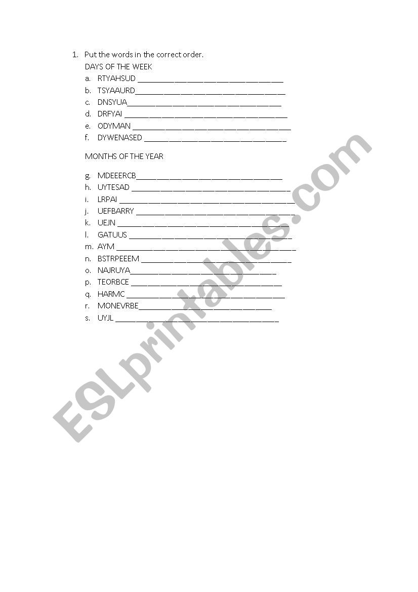 Months and Days of Week worksheet