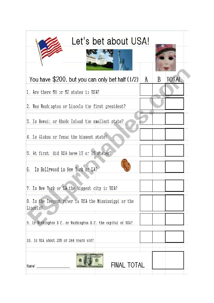 USA Betting Game worksheet