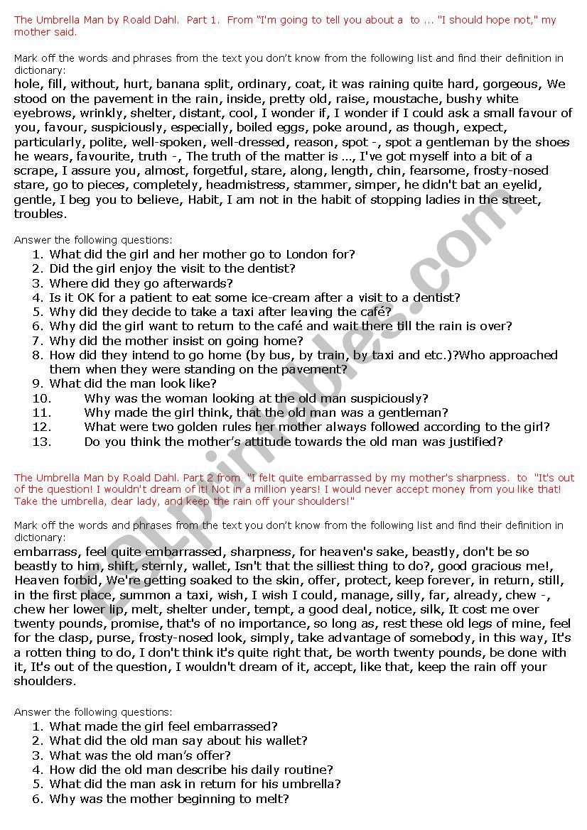 Roald Dahl. The Umbrella Man - ESL worksheet by astute02