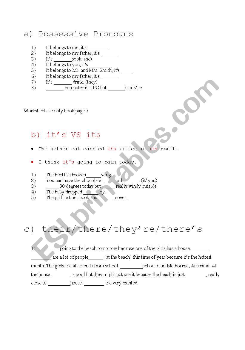 possessive pronouns worksheet