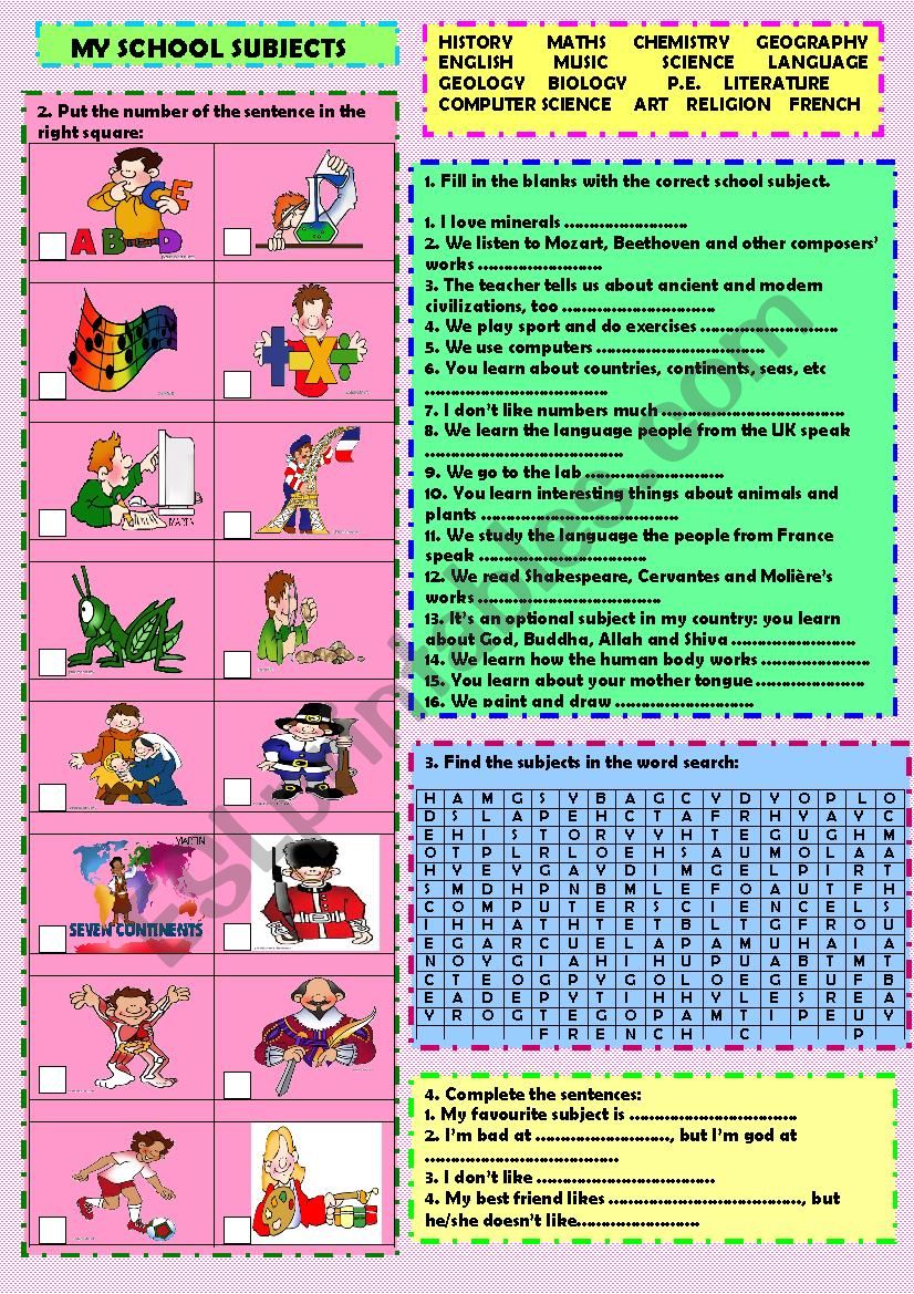 School subjects (+ key) worksheet