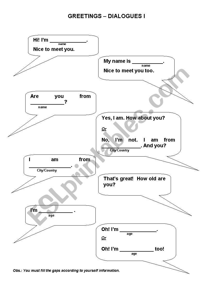 GREETINGS DIALOGUES worksheet