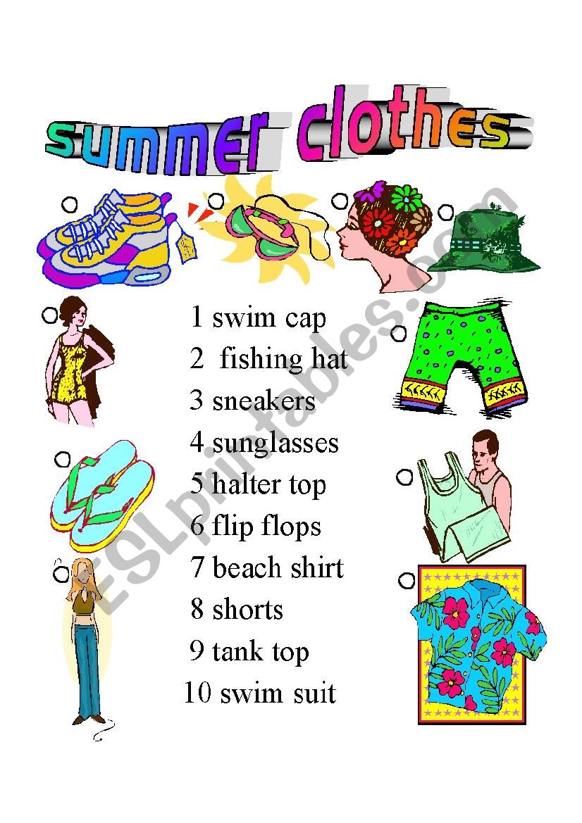 Summer Clothes - ESL worksheet by agreeniefrog